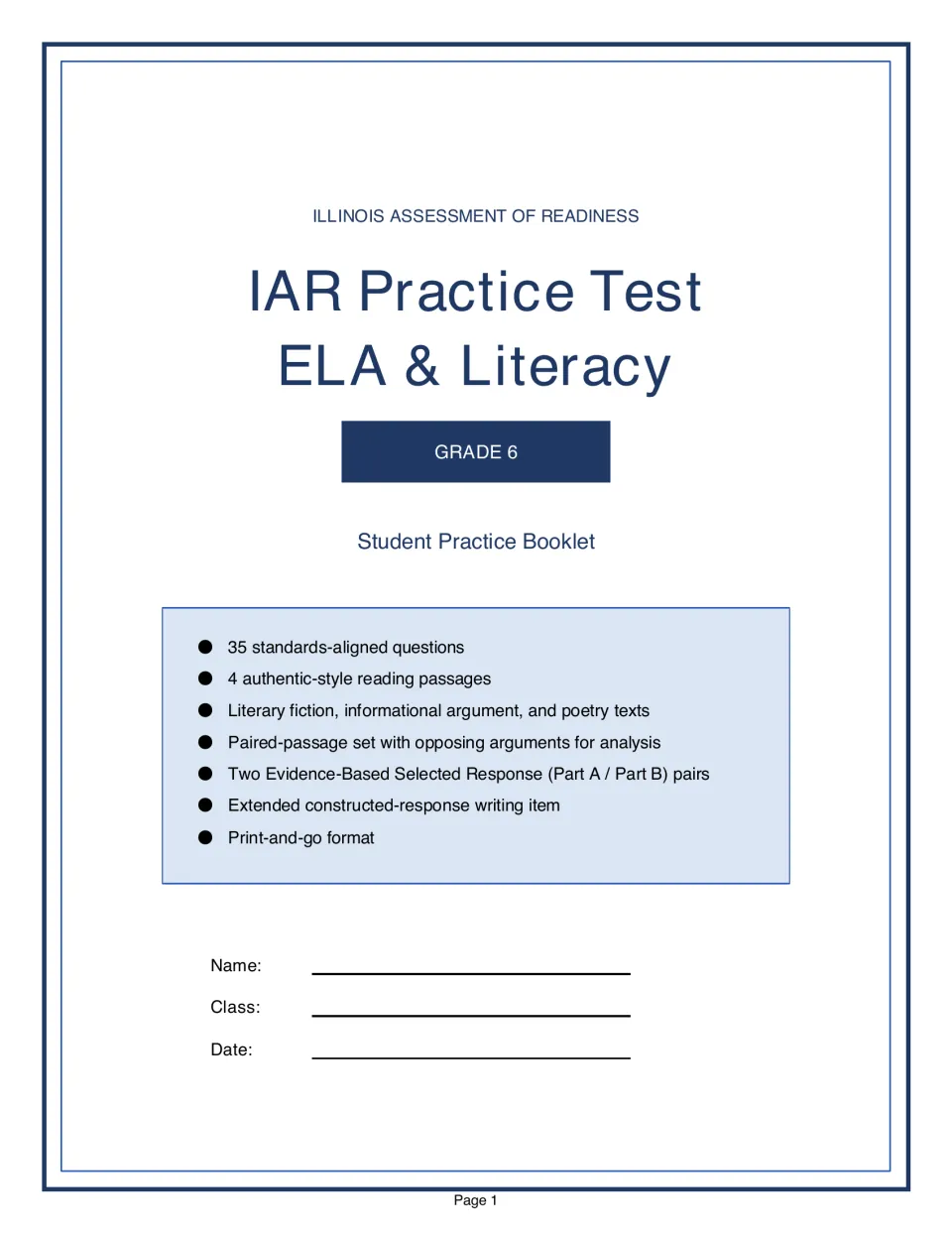 Student booklet title page listing 35 questions, reading passages, Part A/Part B pairs, and a writing item