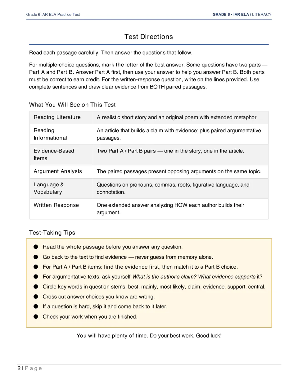 Test directions explain multiple-choice answers, Part A/Part B pairs, written responses, and test-taking tips