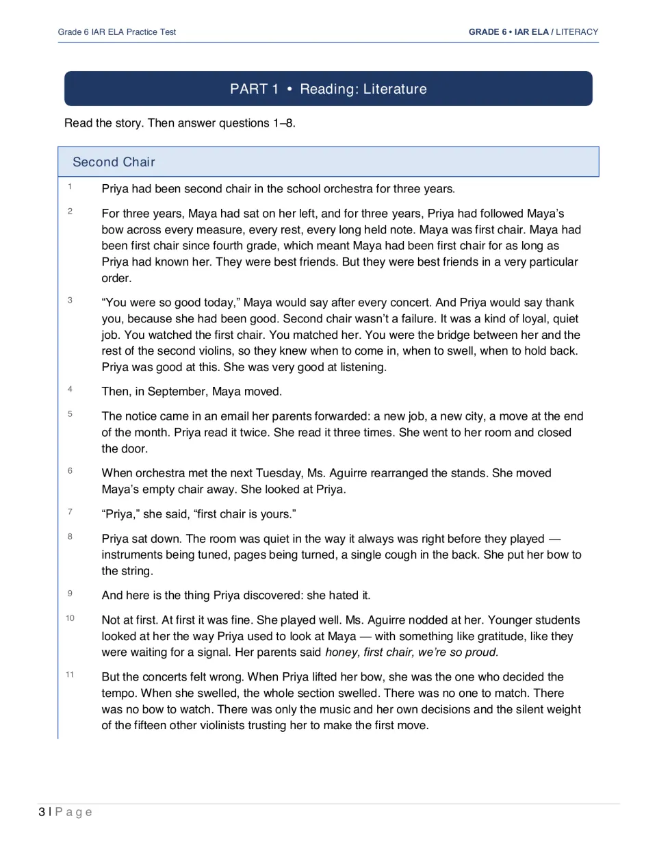 Reading literature passage “Second Chair” begins as Priya becomes first chair after her friend Maya moves