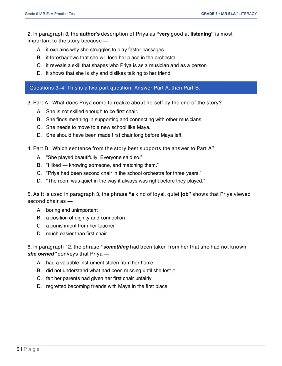 “Second Chair” questions 2–6 address Priya’s listening, self-understanding, text evidence, and phrase meanings