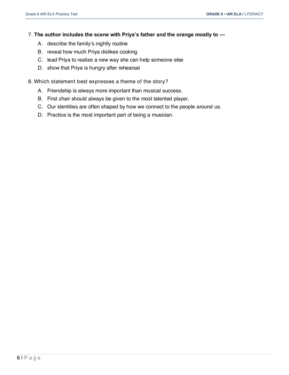 “Second Chair” questions 7–8 ask why the author includes Priya’s conversation with her father and about theme