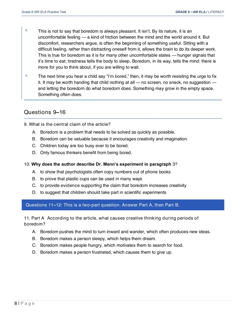 “The Case for Boredom” concludes; questions 9–11 ask about its central claim, research, and creative thinking
