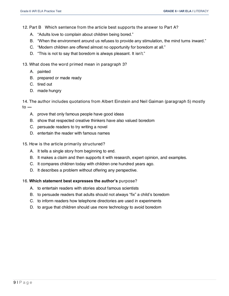 “The Case for Boredom” questions 12–16 cover supporting evidence, “primed,” quotations, structure, and purpose