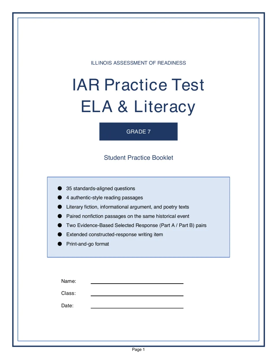 Student practice booklet title page listing 35 questions, reading passages, and an extended writing item