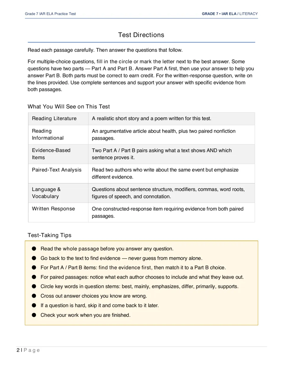 Test directions explain multiple-choice answers, Part A/Part B pairs, written responses, and test-taking tips