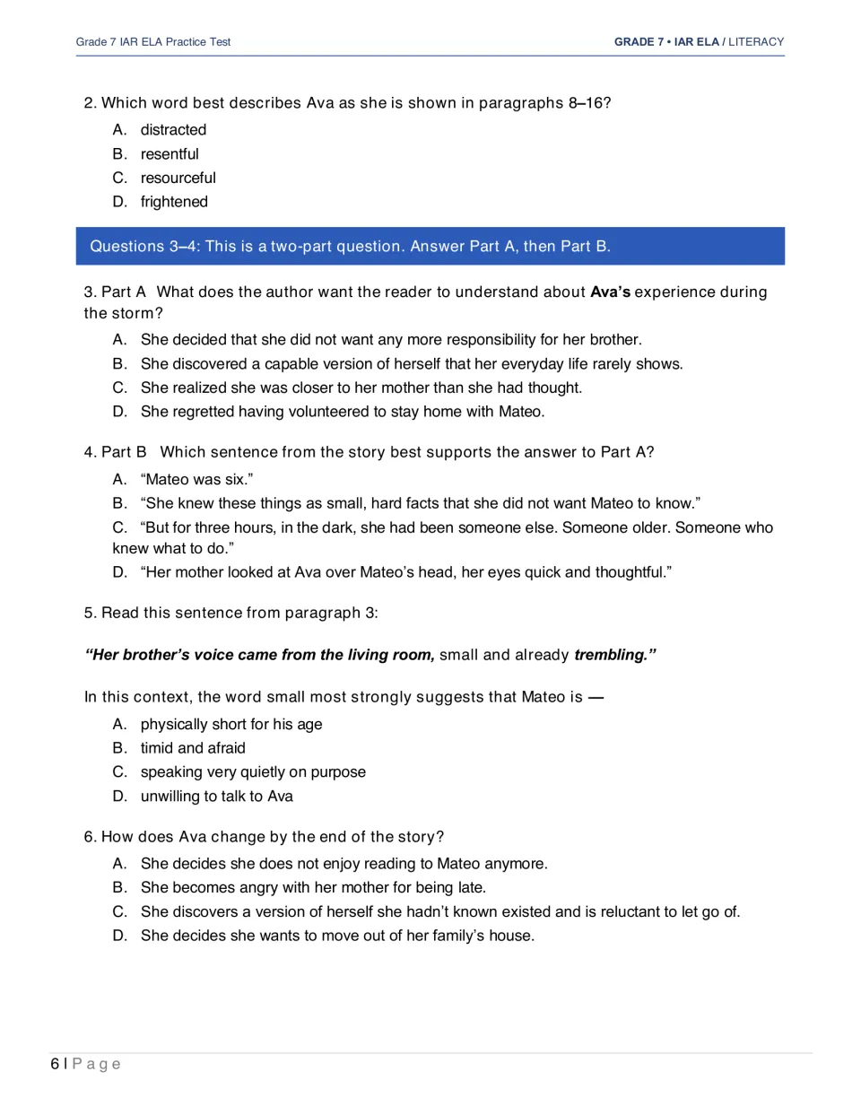 The Storm questions 2–6 examine Ava's character, supporting evidence, the word small, and her growth