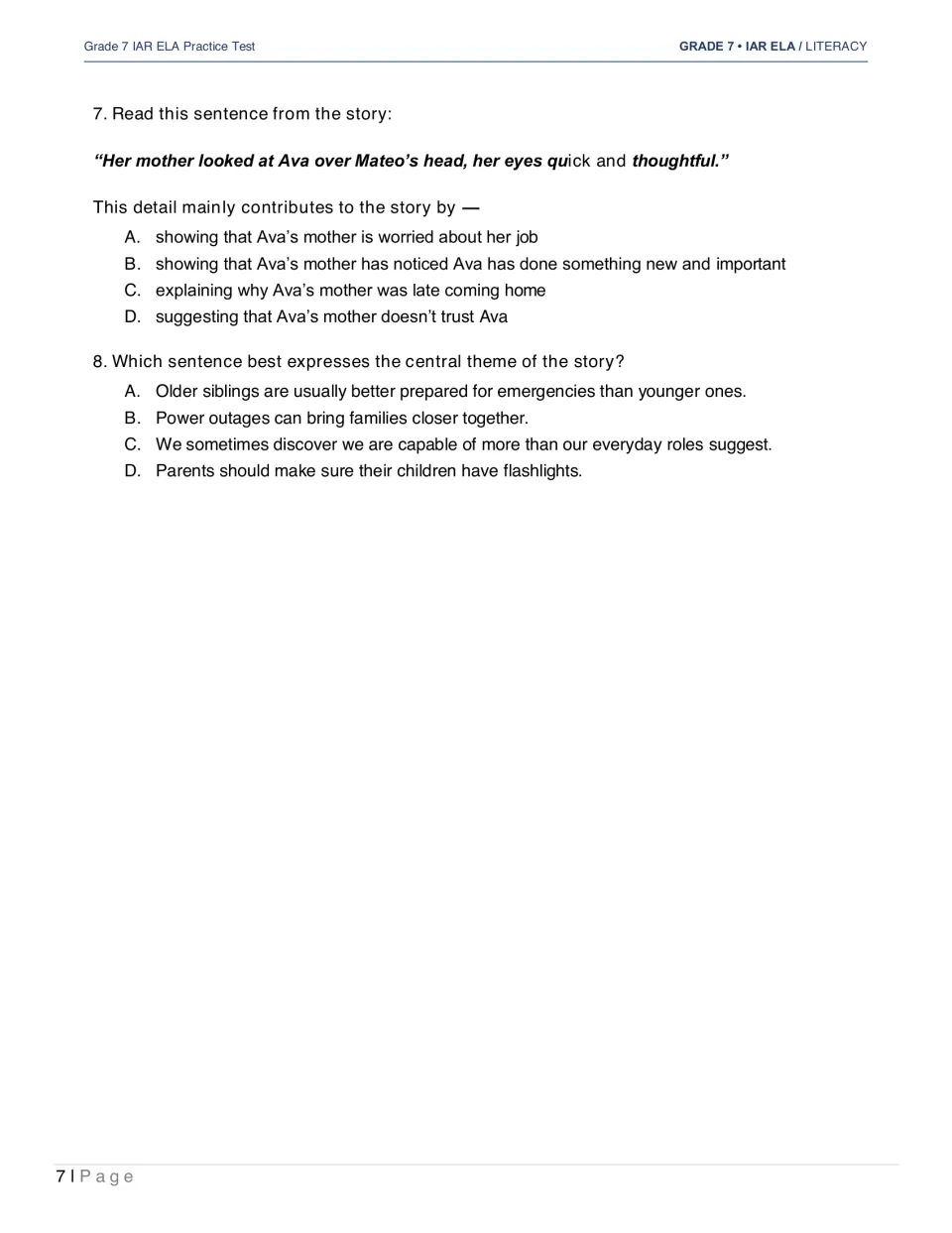 The Storm questions 7–8 ask how Ava's mother's reaction contributes to the story and identify its theme