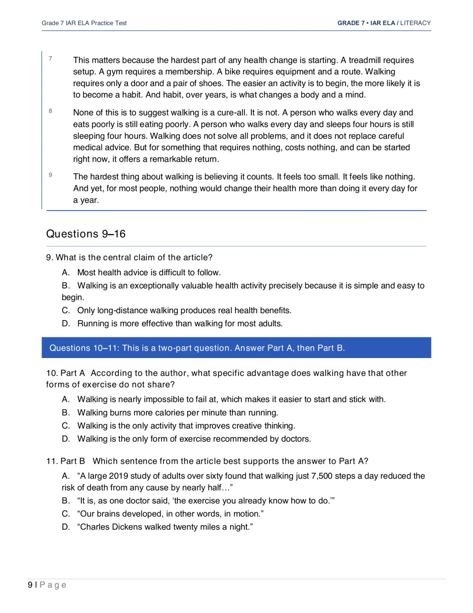 The Case for Walking concludes; questions 9–11 address its central claim and evidence for walking's ease