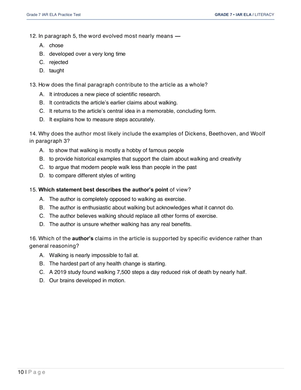 The Case for Walking questions 12–16 cover evolved, the conclusion, historical examples, viewpoint, and evidence