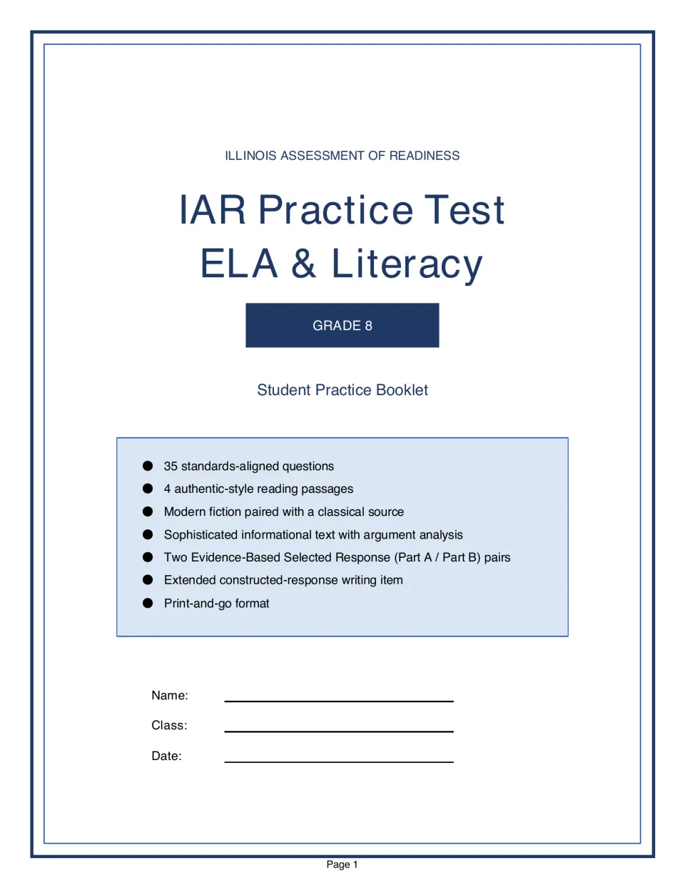 Student practice booklet title page listing 35 questions, four reading passages, and an extended writing item