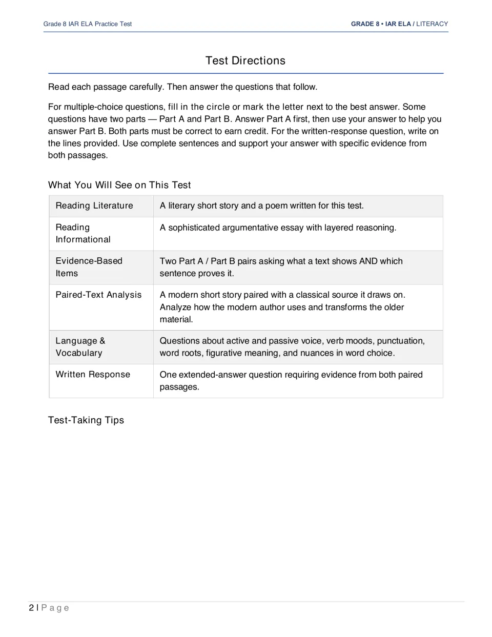 Test directions explain multiple-choice answers, Part A and Part B pairs, and writing with passage evidence