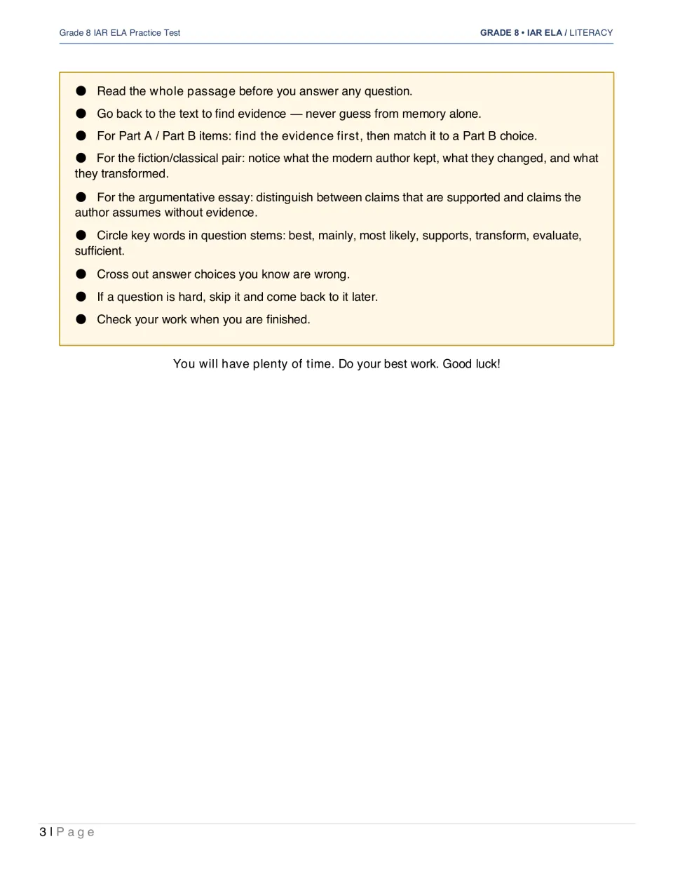 Test-taking tips cover finding evidence, comparing paired texts, evaluating claims, and checking answers