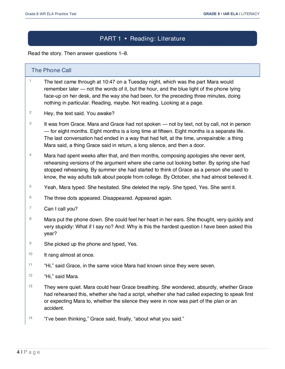 Literature passage The Phone Call begins as Grace texts Mara after eight months apart following an argument