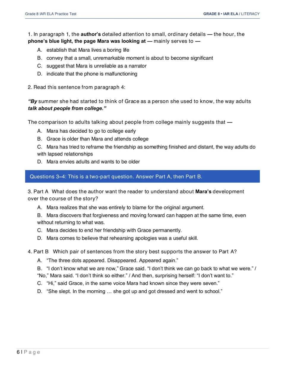 The Phone Call questions 1–4 address narrative details, a comparison, and Mara’s development with evidence
