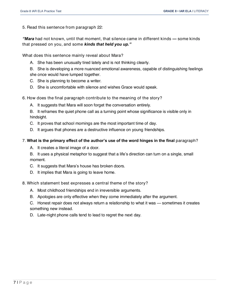 The Phone Call questions 5–8 examine Mara’s emotional awareness, the ending, the metaphor hinges, and theme