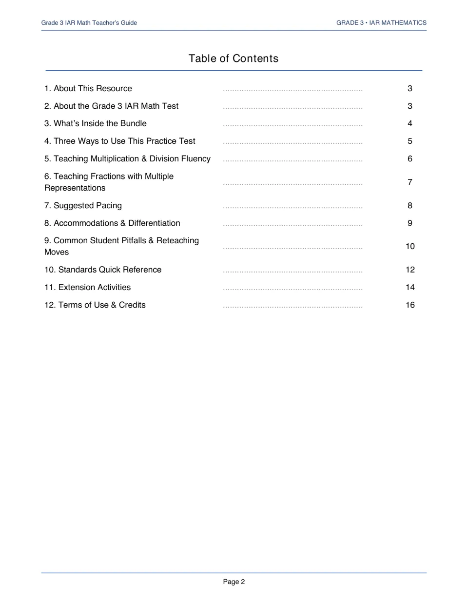 Teacher’s guide contents listing 12 sections, from resource and test overviews to extension activities