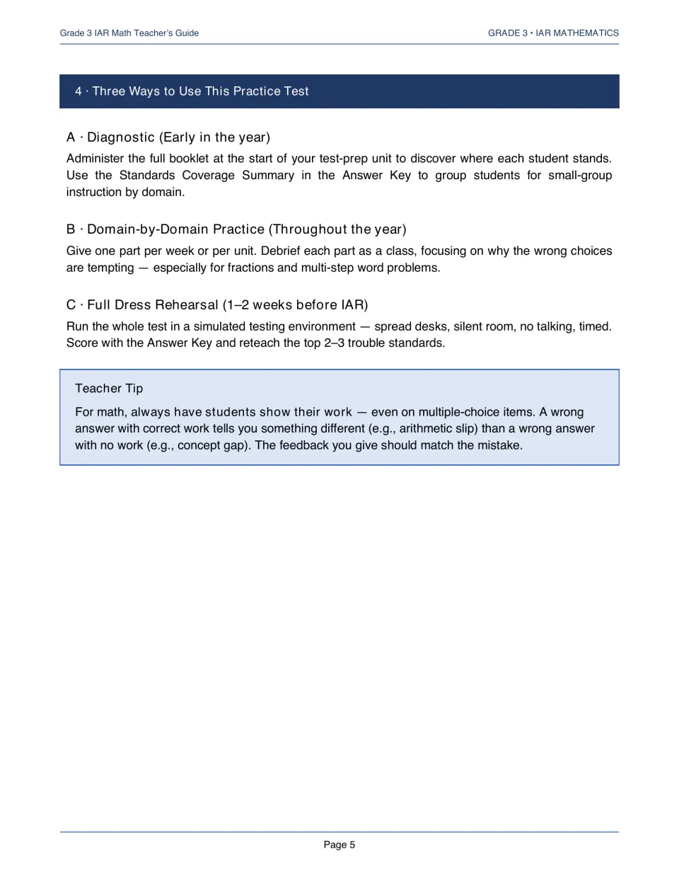 Teacher’s guide directions for diagnostic testing, domain-by-domain practice, and a full test rehearsal
