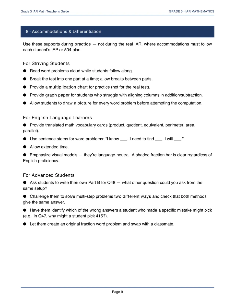 Teacher’s guide practice supports for striving students, English language learners, and advanced students