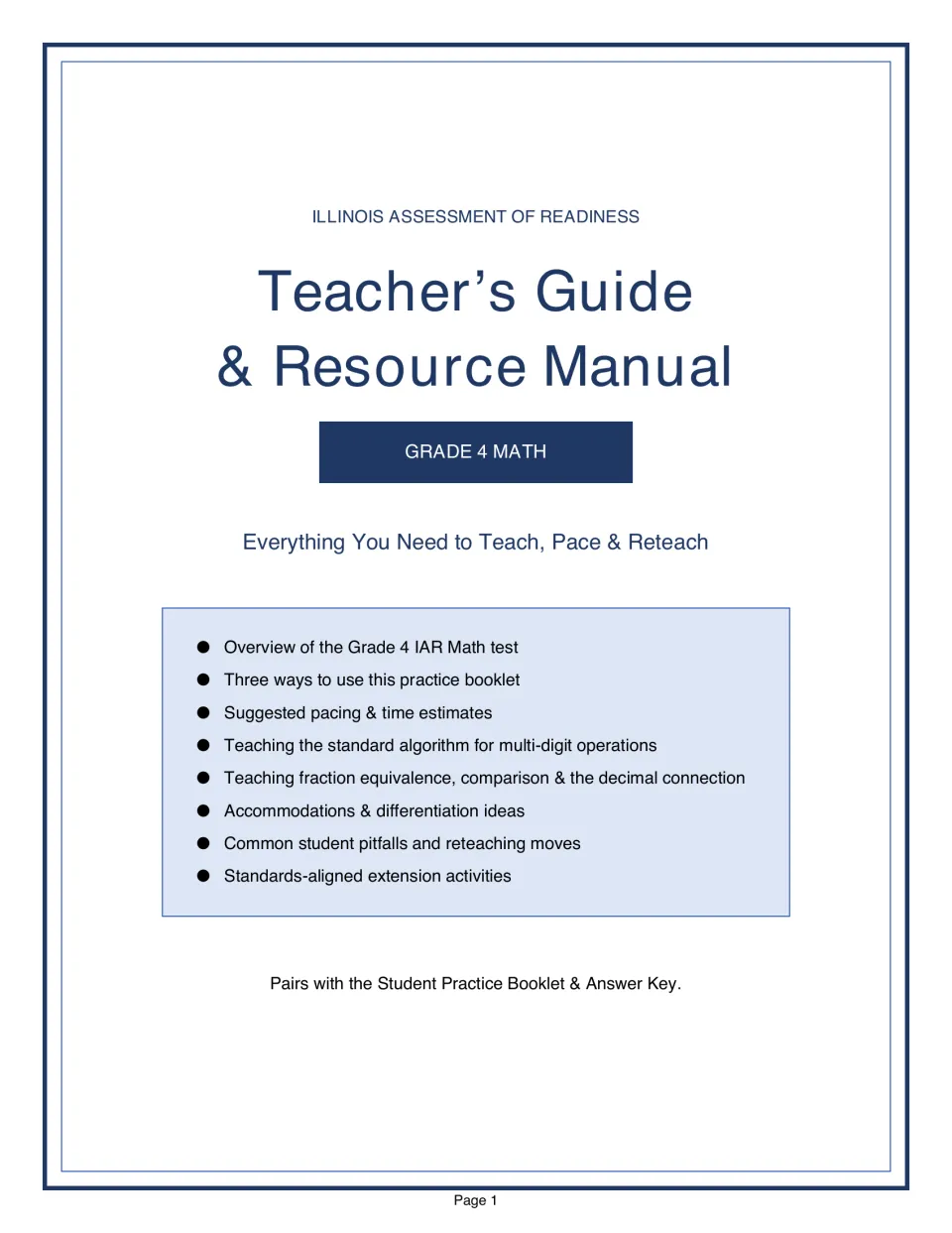 Grade 4 IAR math Teacher's Guide & Resource Manual cover listing pacing, algorithm and fraction teaching, pitfalls