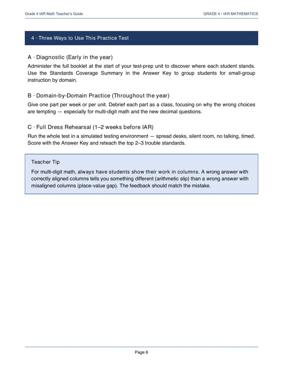 Three ways to use the practice test: diagnostic, domain-by-domain practice, full dress rehearsal, plus a column-work tip