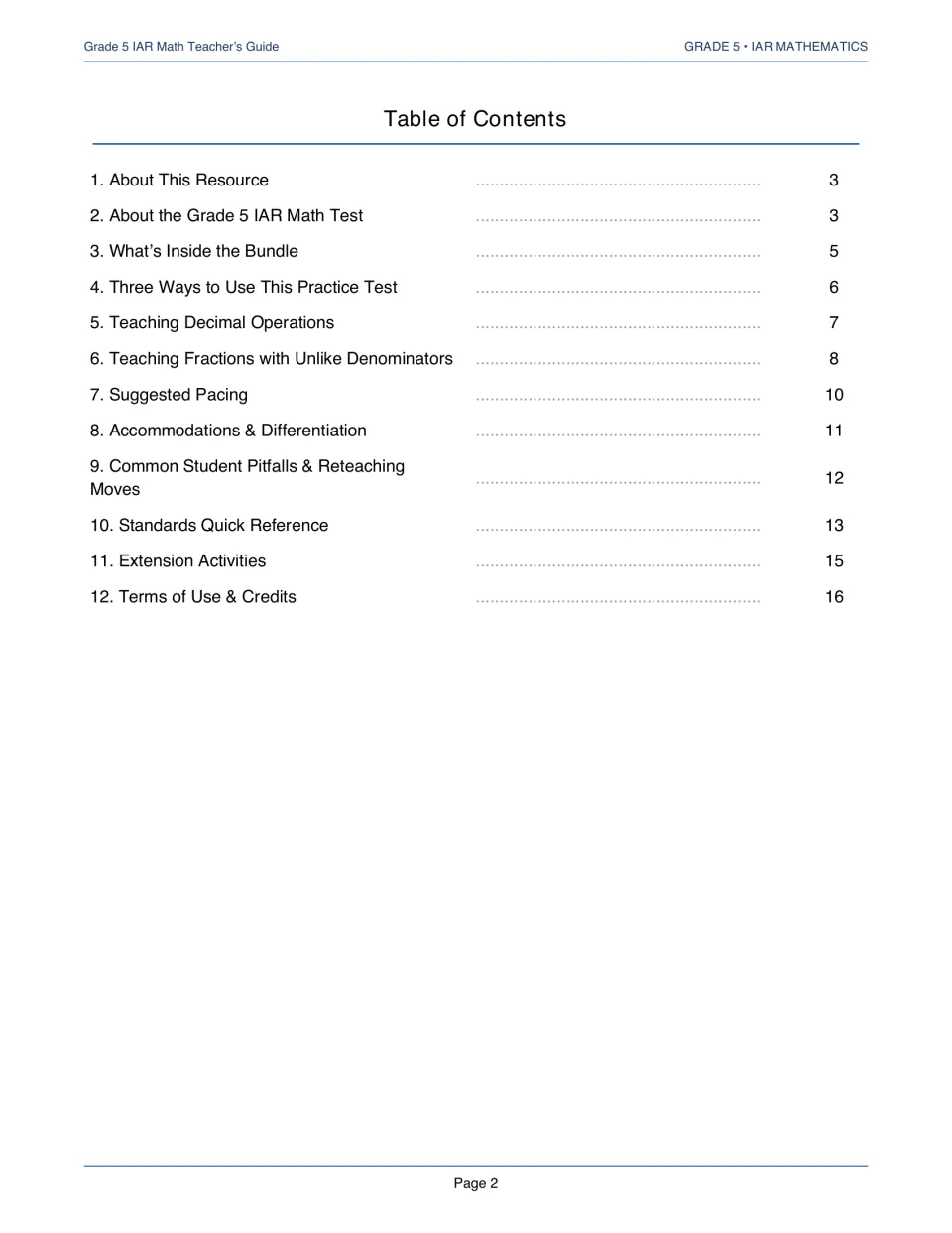 Table of contents for the teacher's guide: 12 numbered sections from About This Resource to Terms of Use & Credits