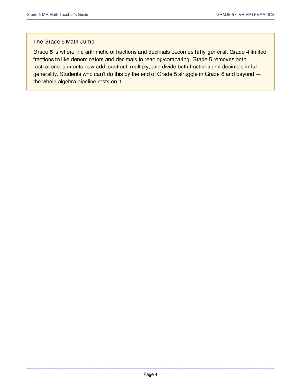 The Grade 5 Math Jump: a note on how fraction and decimal arithmetic expands from Grade 4 to full operations in Grade 5