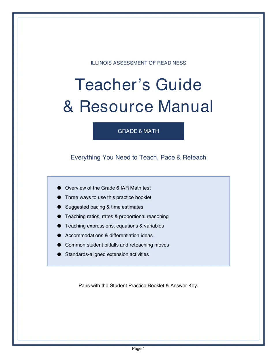 Teacher’s guide cover for Grade 6 IAR math, listing pacing, teaching strategies, accommodations, and extensions