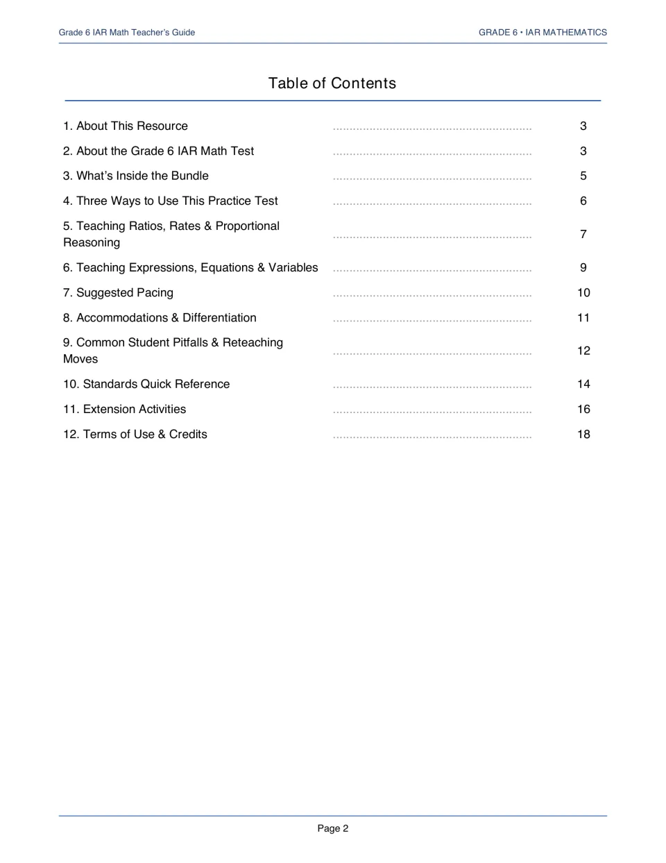 Teacher’s guide contents listing 12 sections, from About This Resource to Terms of Use & Credits