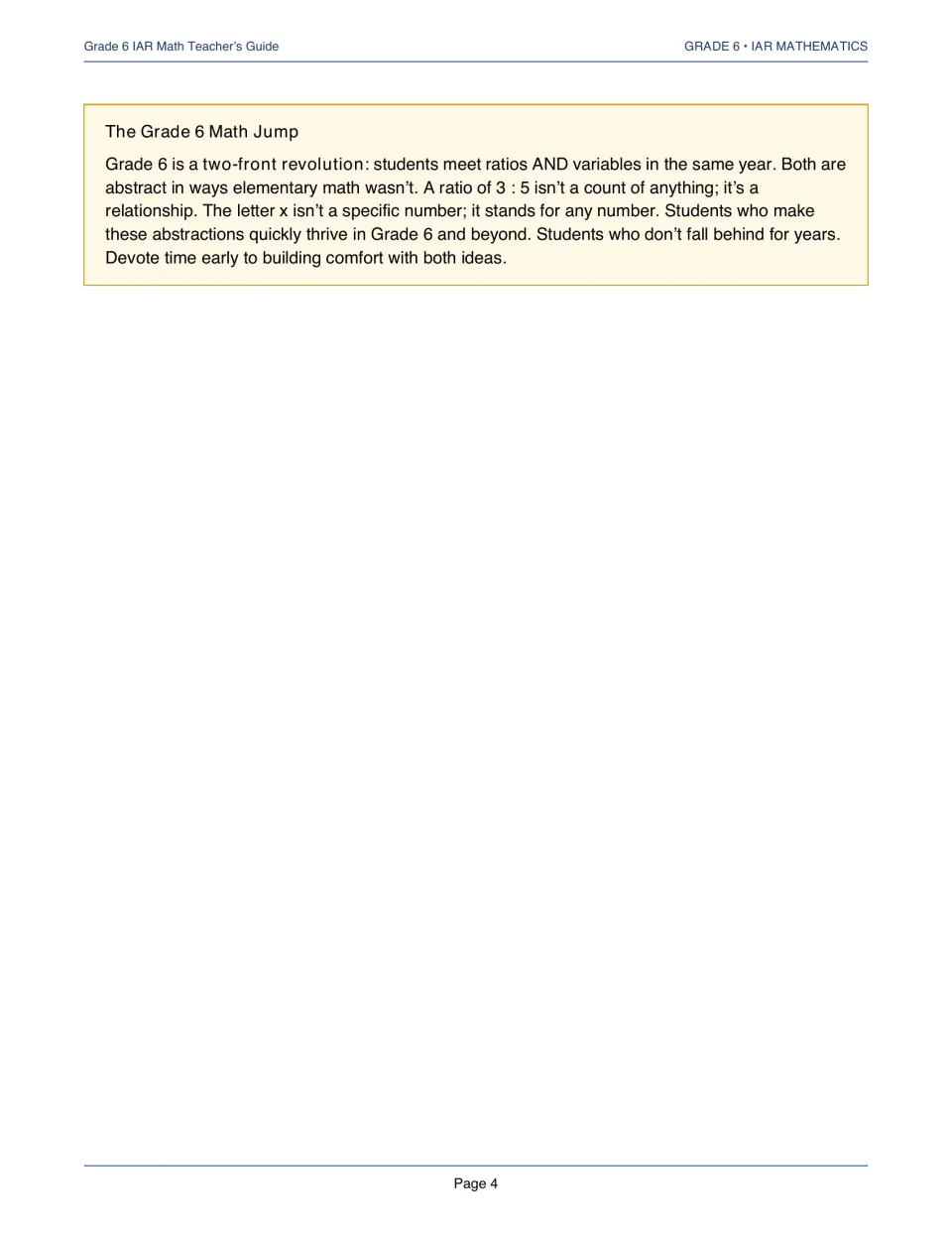 Teacher’s guide note on the Grade 6 math jump, explaining ratios as relationships and letters as variables