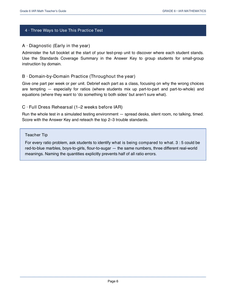 Teacher’s guide directions for diagnostic testing, domain practice, and a rehearsal before the IAR