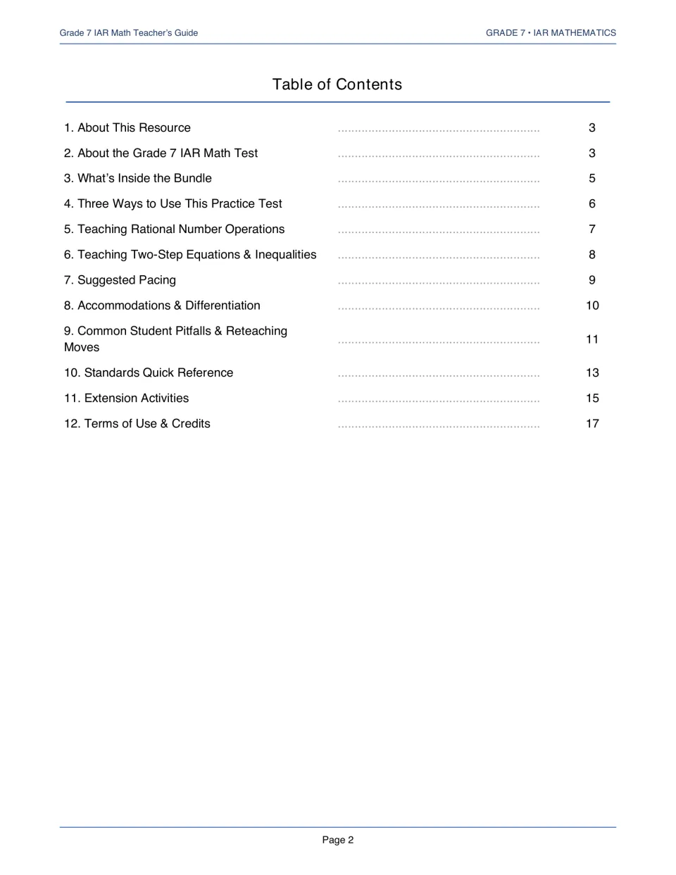 Teacher’s guide contents listing 12 sections, from About This Resource to Terms of Use & Credits