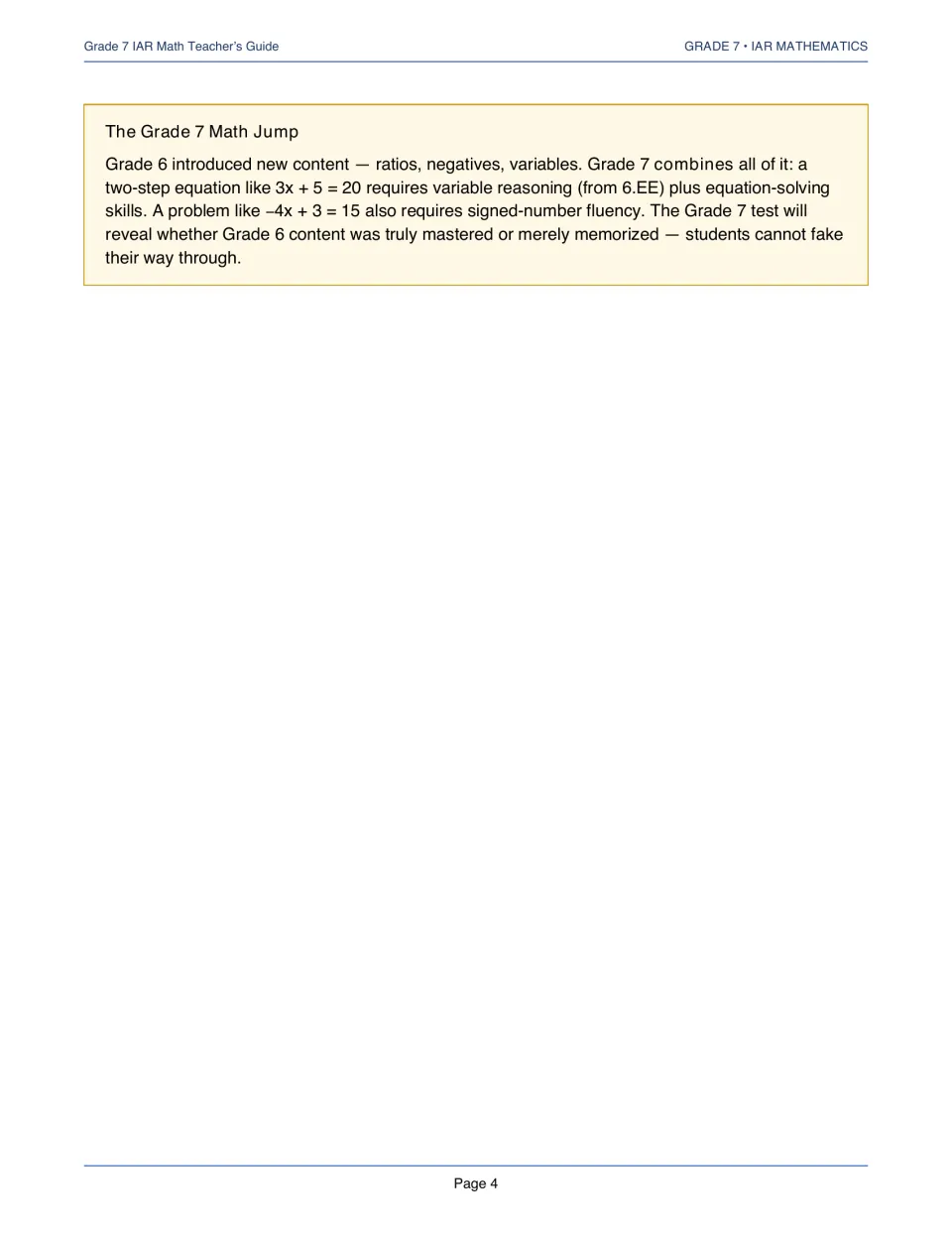 Teacher’s guide note on the Grade 7 math jump, connecting ratios, negatives, and variables to equations