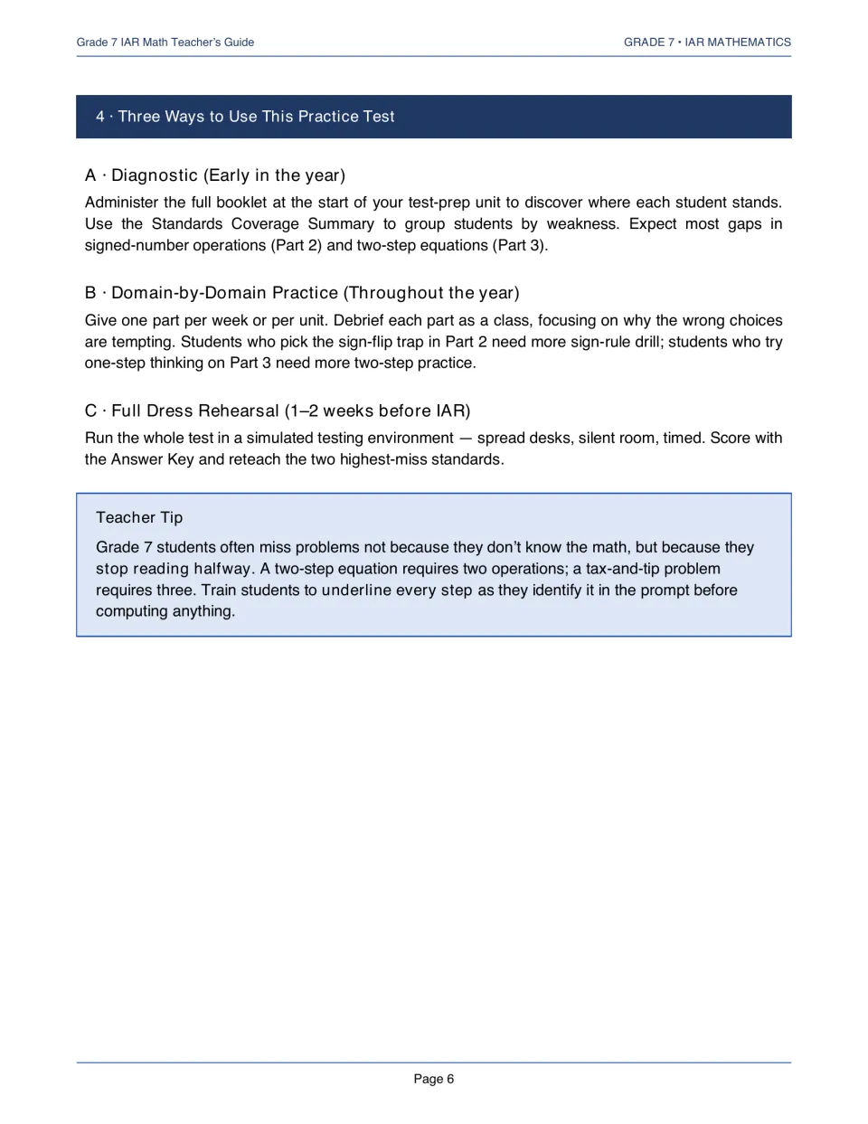 Teacher’s guide directions for using the test as a diagnostic, domain practice, or timed rehearsal
