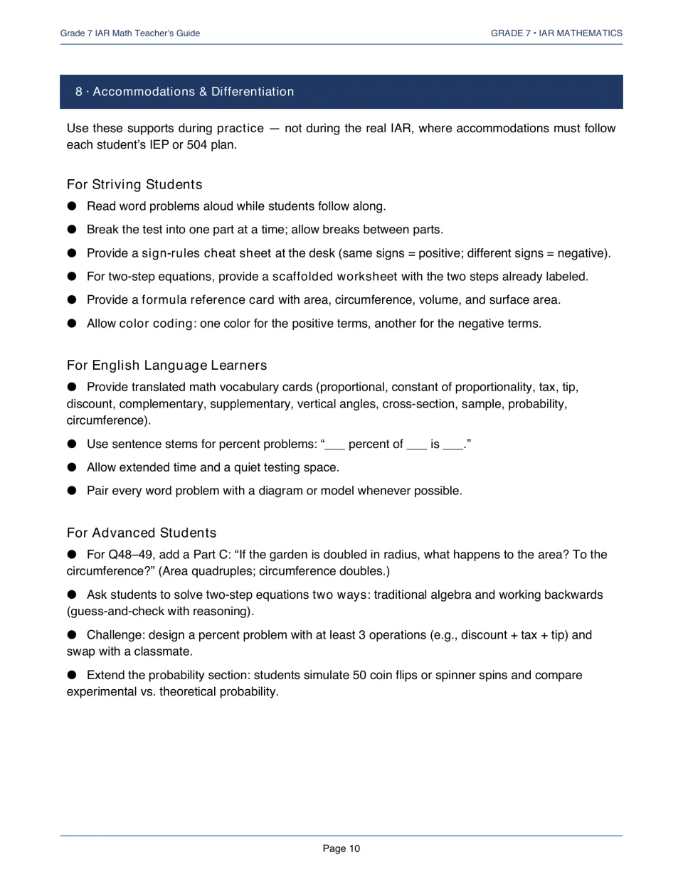 Teacher’s guide practice supports for striving students, English language learners, and advanced students