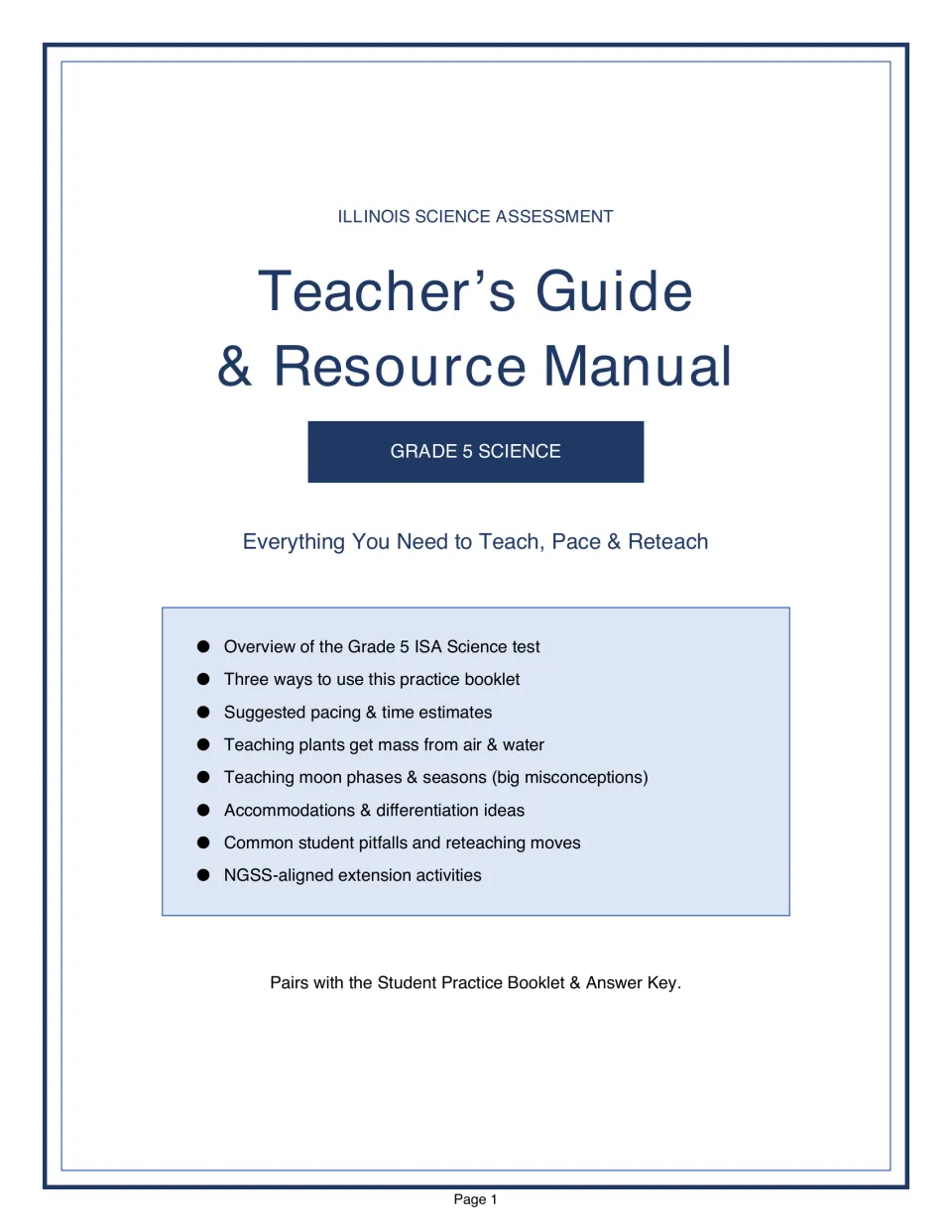 Teacher's Guide & Resource Manual for Illinois Science Assessment Grade 5, listing pacing, reteaching and extensions
