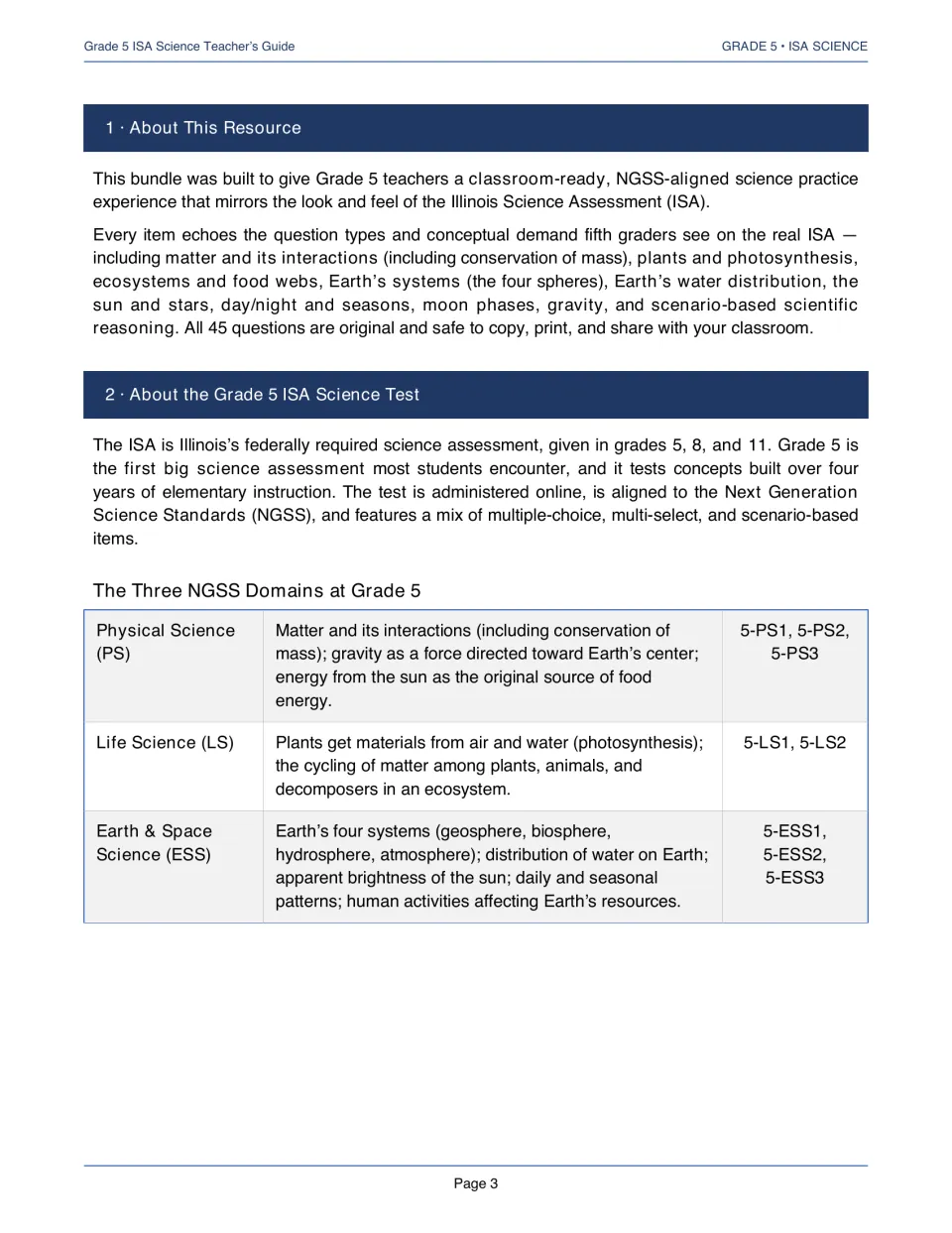Overview of the Illinois Science Assessment and its three NGSS domains, physical, life and Earth & space science