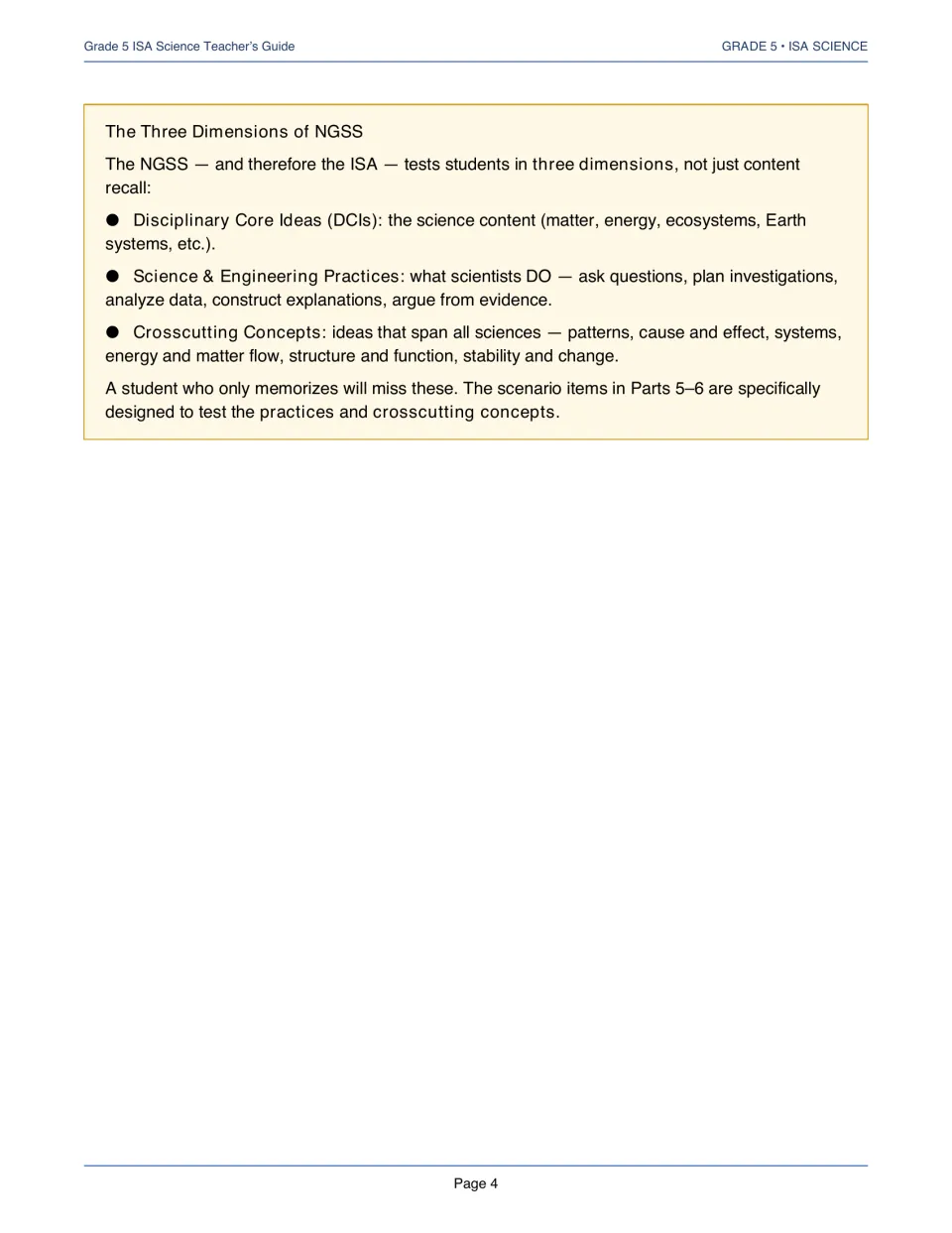The three dimensions of NGSS: core ideas, science and engineering practices, and crosscutting concepts, each defined