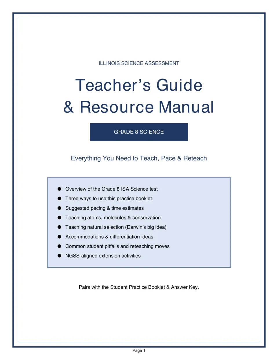 ISA Science Teacher's Guide & Resource Manual cover for Grade 8, listing pacing, atoms, natural selection and reteaching