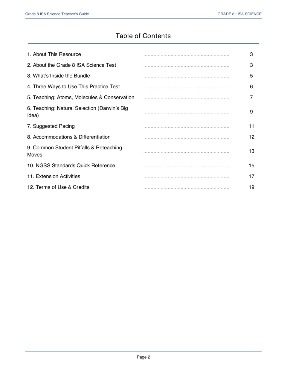 Teacher's guide table of contents: 12 sections from test overview and pacing to NGSS reference and extension activities