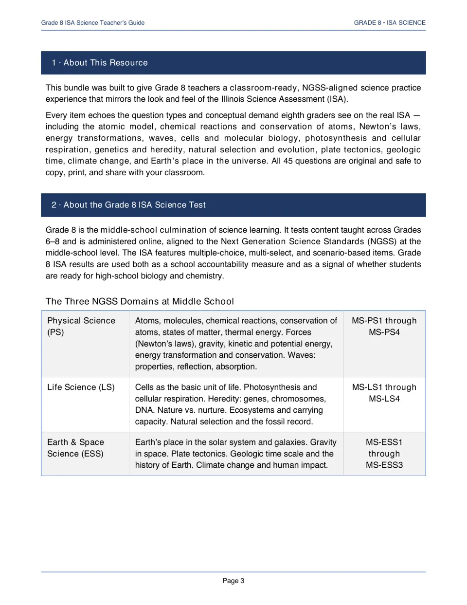 About the Grade 8 ISA Science test: overview of item types plus a table of the three NGSS domains, PS, LS and ESS