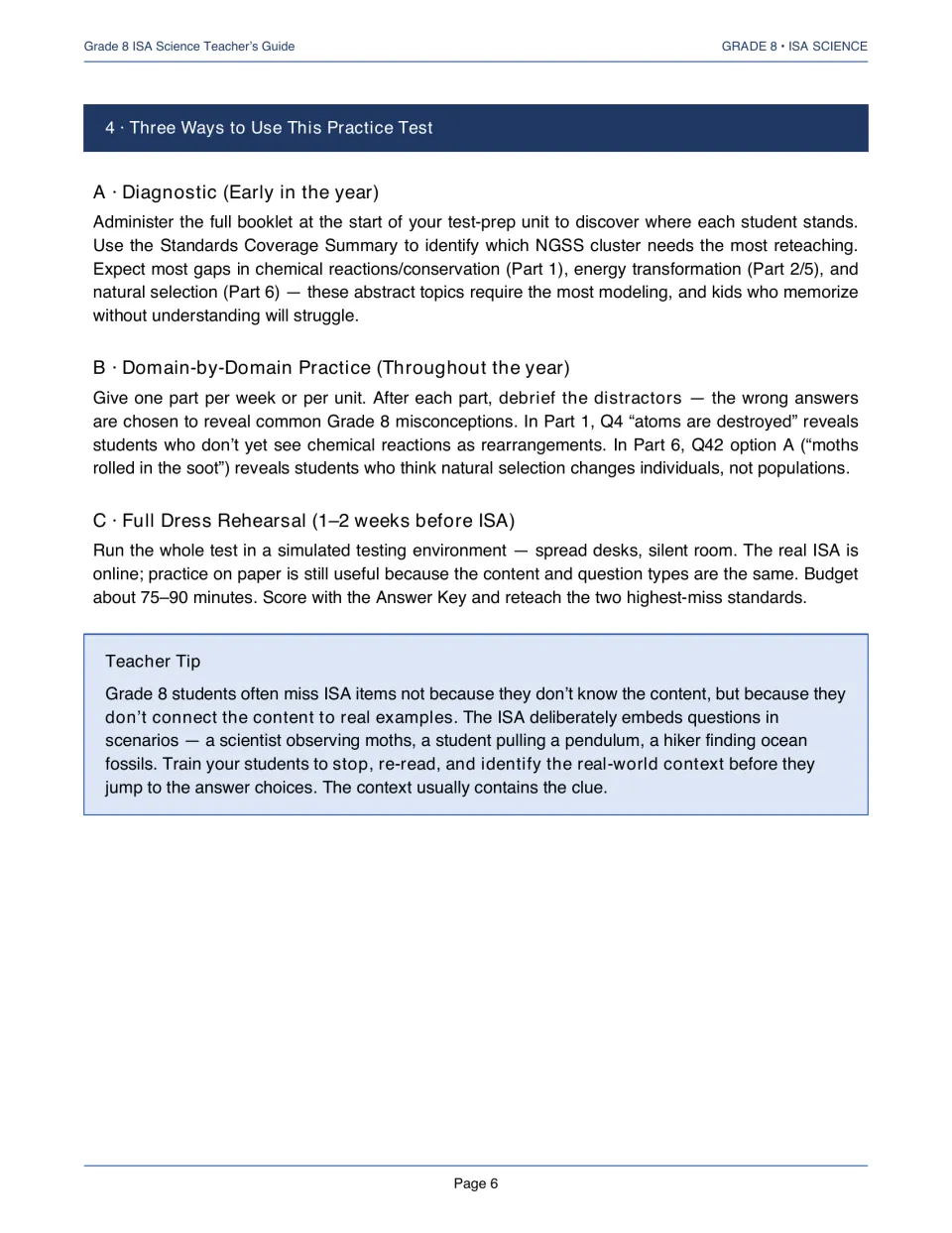 Three ways to use the practice test: diagnostic, domain-by-domain practice and full dress rehearsal, plus a teacher tip
