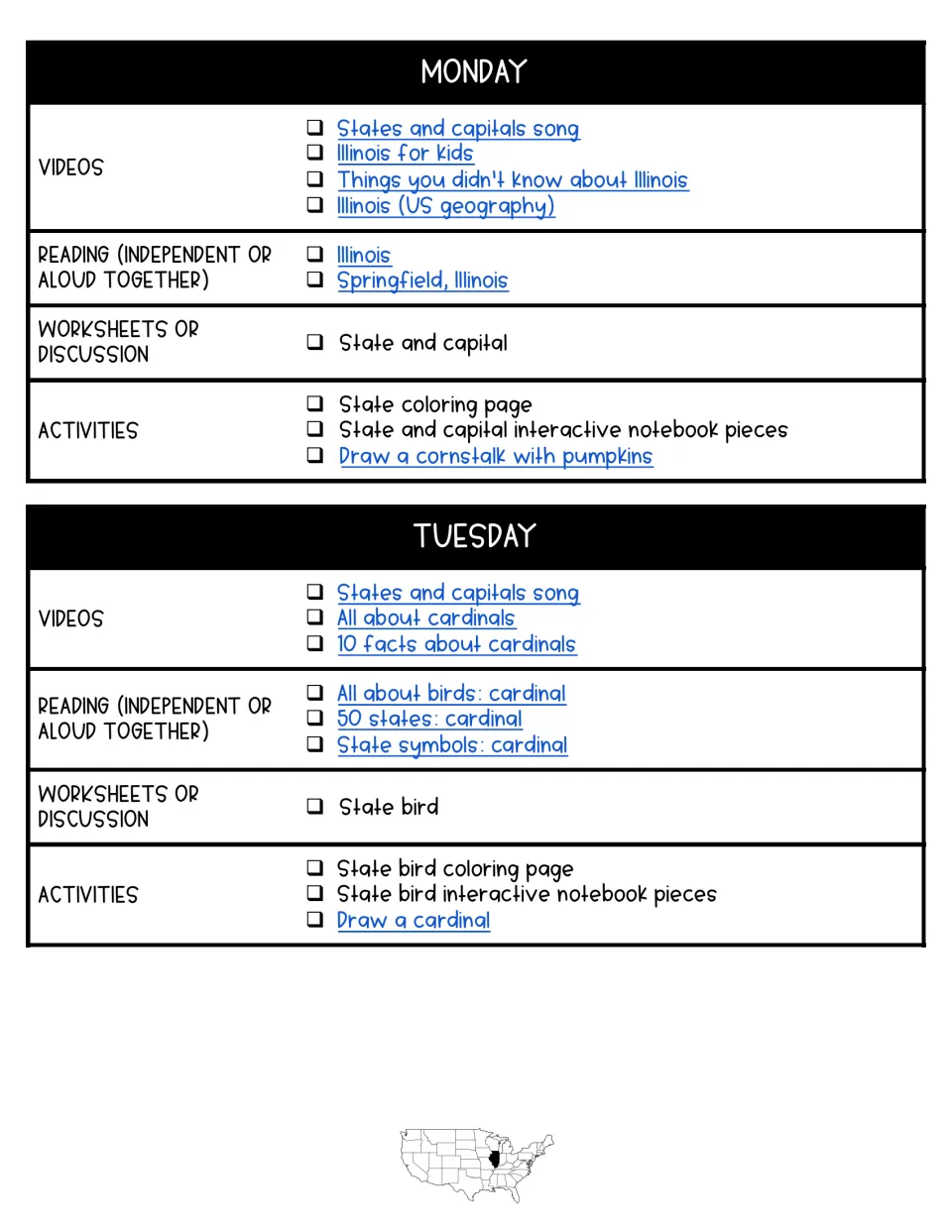 Monday and Tuesday plans cover Illinois, Springfield, and cardinals through videos, reading, and activities
