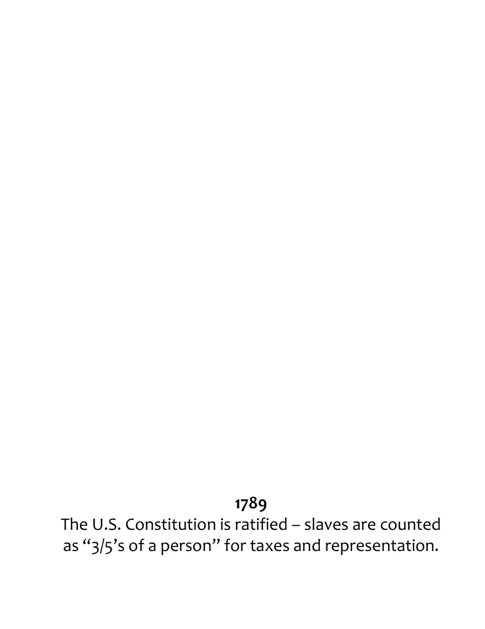 Timeline illustration activity labeled 1789: Constitution text on counting enslaved people for taxes and representation
