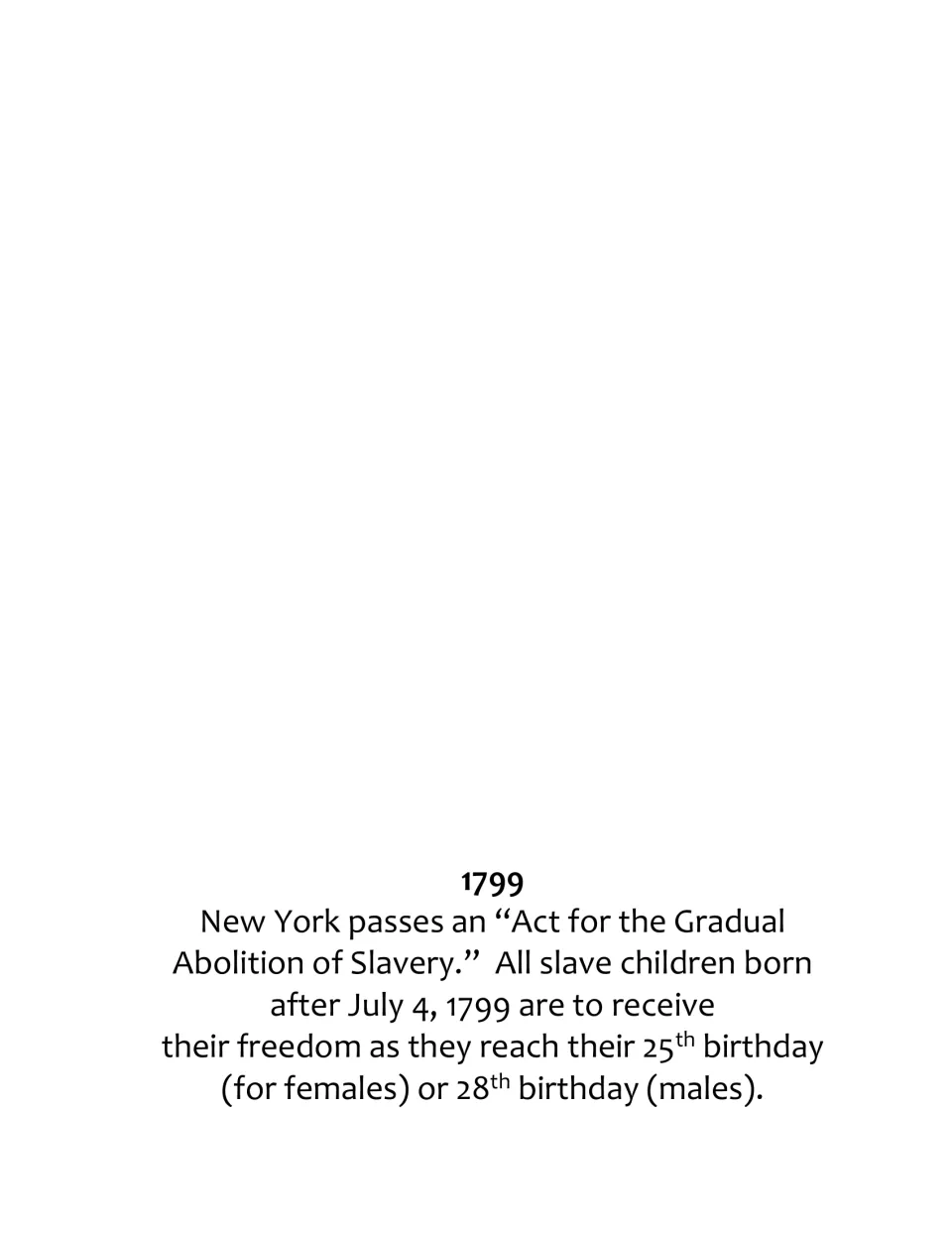 Timeline illustration activity for 1799: New York's gradual abolition law specifies freedom at ages 25 or 28