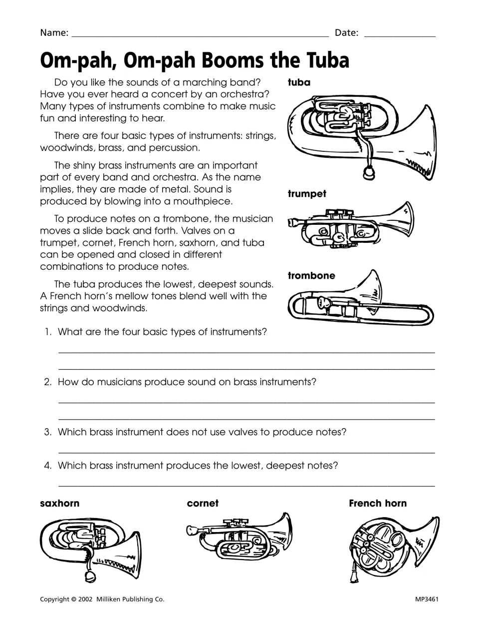 Brass instruments reading worksheet explaining mouthpieces, slides, and valves, with four comprehension questions