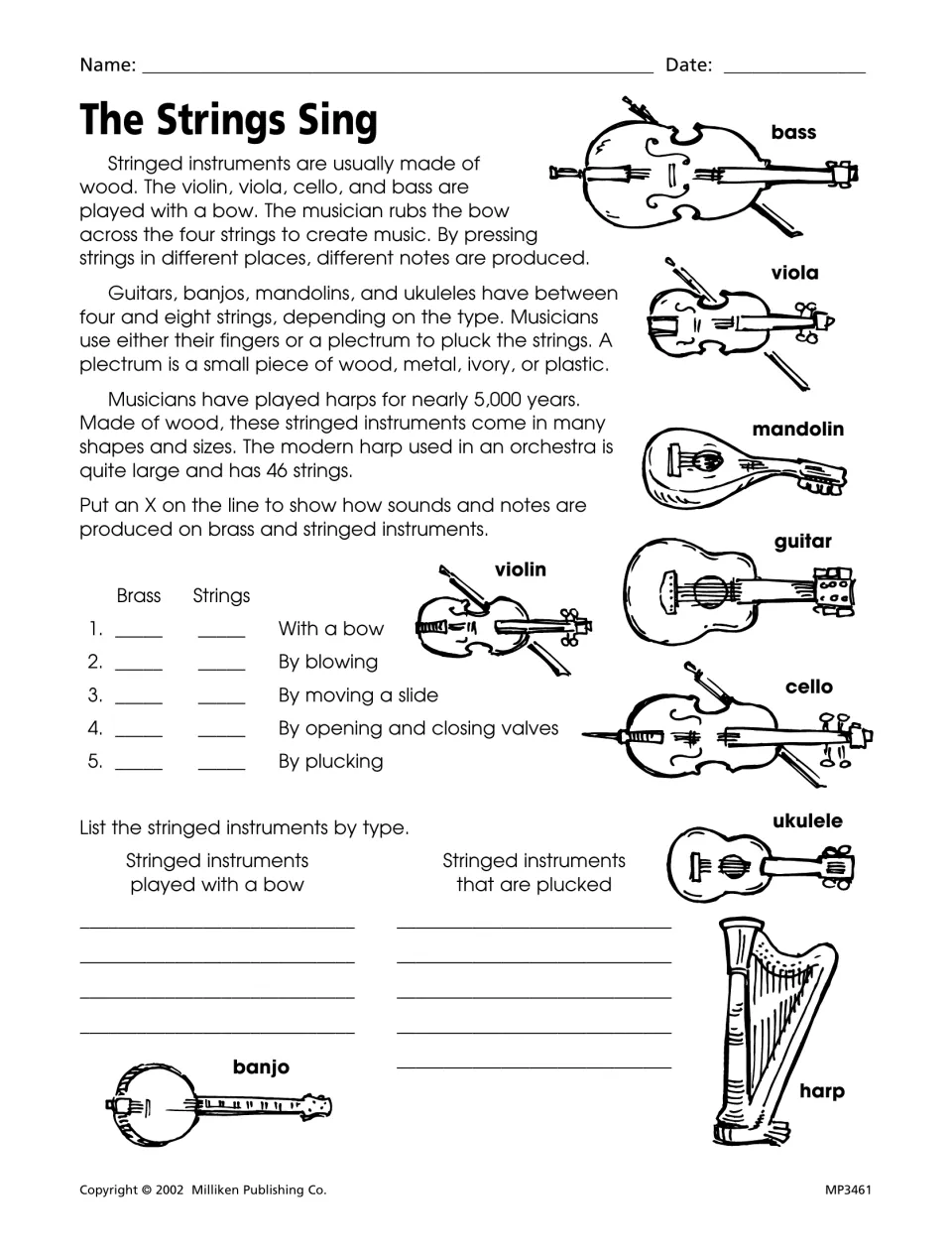 String instruments reading worksheet comparing brass and strings and sorting instruments by bowing or plucking