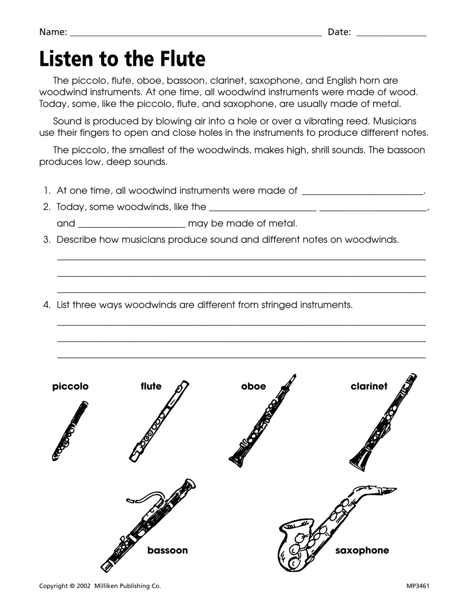 Woodwind instruments reading worksheet about materials and sound, with questions comparing woodwinds and strings