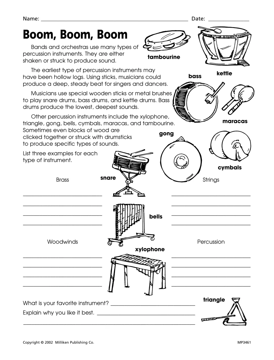 Percussion reading worksheet asking for examples of all four instrument families and a favorite instrument