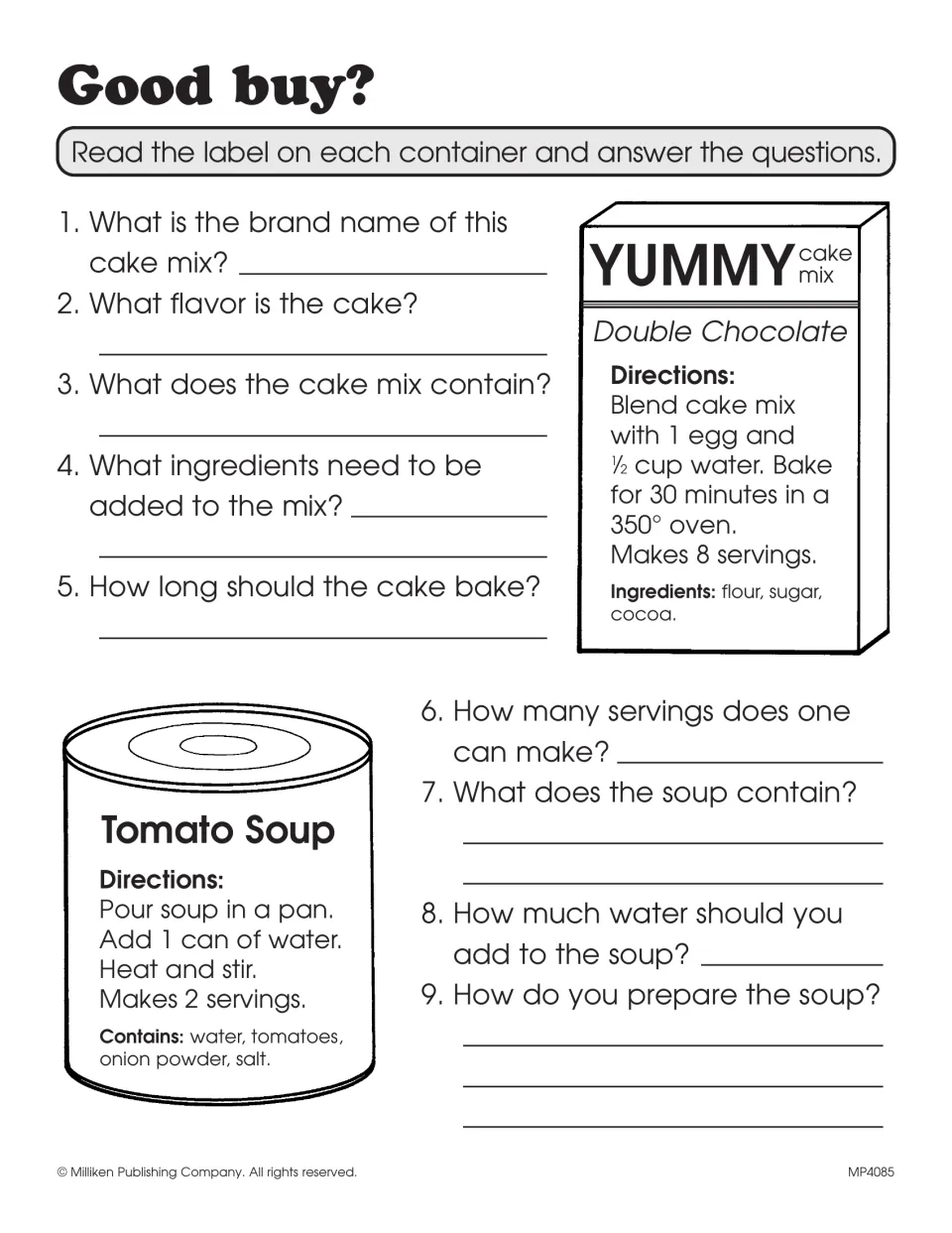 Food label reading worksheet using cake mix and tomato soup labels for nine questions about their contents and use