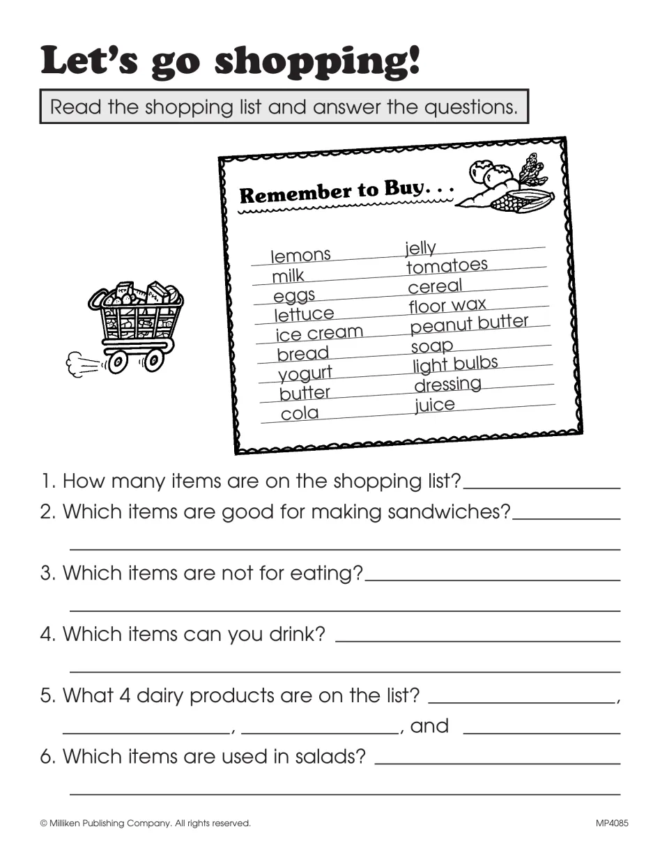 Shopping list reading worksheet with 18 items and six questions about sandwiches, drinks, dairy, and other uses